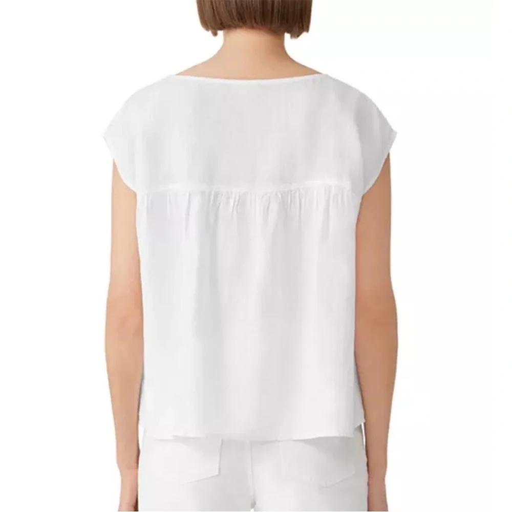 Eileen Fisher White Linen Boxy Oversized Cap sleeved Top - Picture 2 of 7